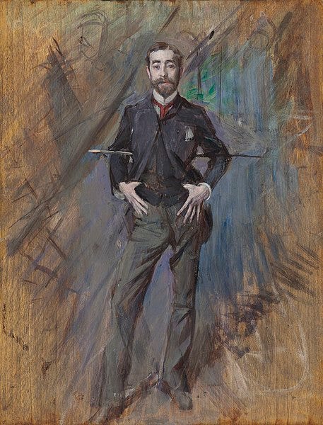 a painting of the painter John Singer Sargent in typical 1890s suit with cane