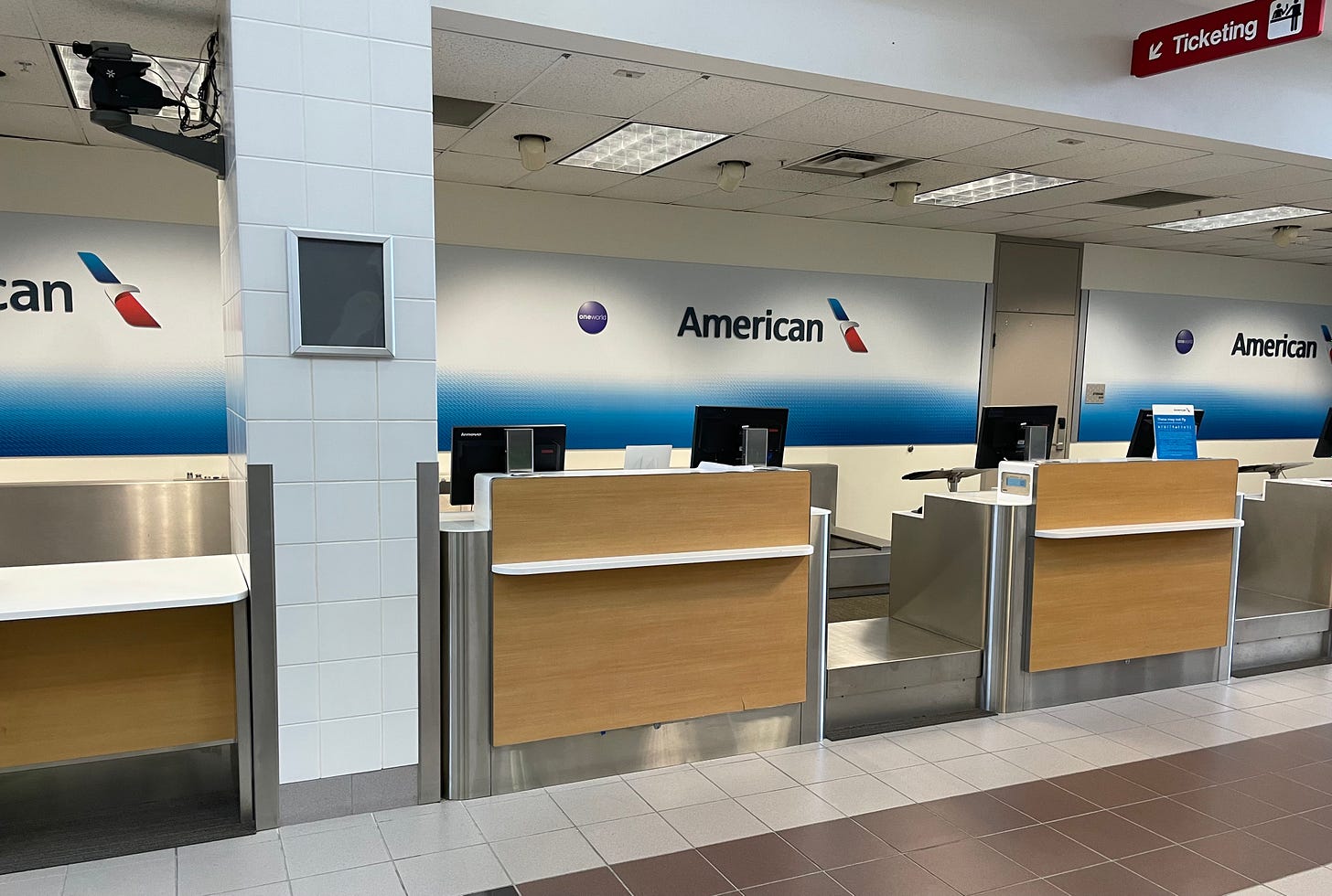 Check-in mock-up for training ground staff agents at the new American Airlines headquarters campus near DFW airport