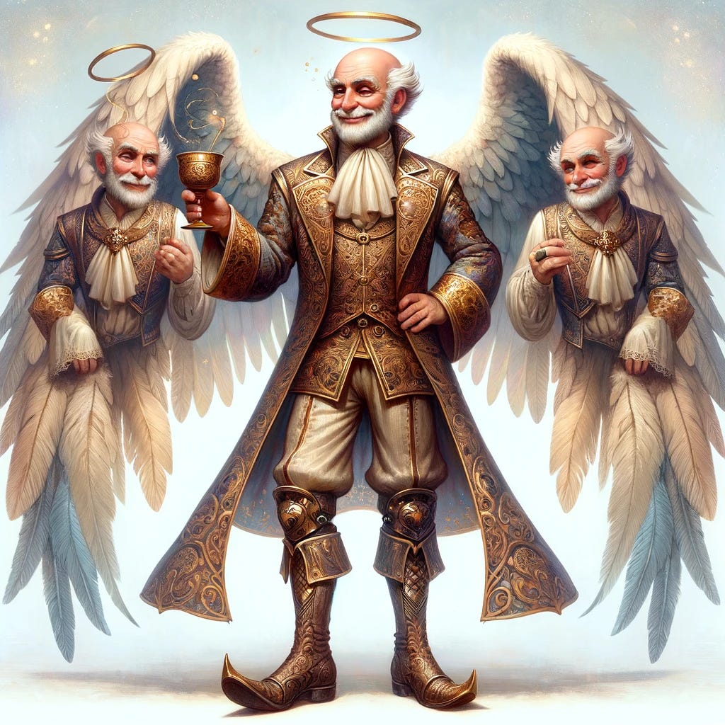 Create an original character that embodies a cunning and whimsical strategist with angelic features. The character has a prominent bald head, a mischievous grin, and is dressed in a fantastical, ornate outfit reminiscent of a medieval strategist. He has grand, feathered wings and holds a goblet, suggesting a toast. His attire is rich with intricate patterns and he wears boots suitable for a fantasy setting. The character exudes an air of intelligence and sly wit, standing confidently with a light, celestial backdrop.