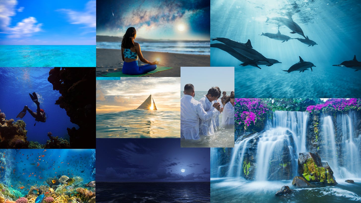 Elemental mood board for Pisces full of pictures of water.