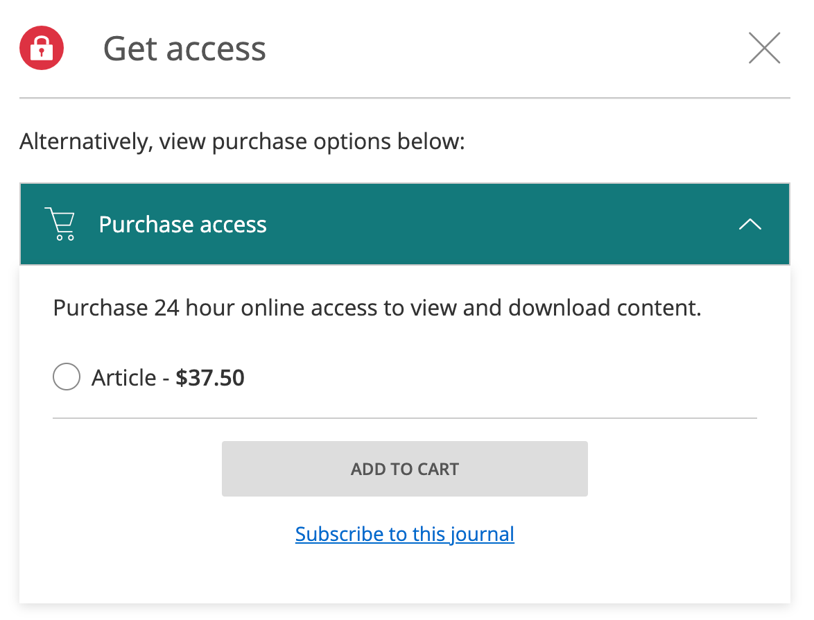 Screenshot of a webpage asking if you want to purchase access to a journal article. You can purchase 24 hour online access to view and download for $37.50.