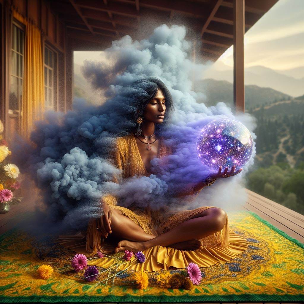 entire image has a thin yellow grid running over it. image is evaporating into fluffy cloud. Leather /flowers.soft velvet. dark skinned Indian Woman sitting/rug/looking at camera. Holding purple and blue star filled mist. ball made of glass reflection on her face.she sits on a green/ yellow and gold velvet rug.she is in a back porch of a house looking out at the elysian river. Hyper realistic/ titlshift from above / Wide-angle shot capture image dispursing into wind. serenity