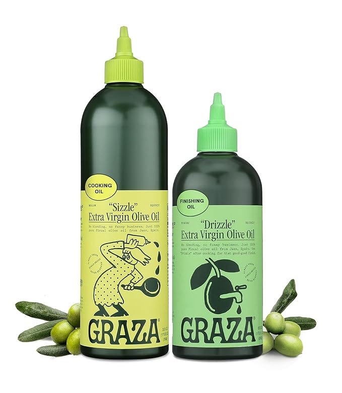 Graza Extra Virgin Olive Oil Variety Pack, Sizzle &amp; Drizzle - High Polyphenol Peak Harvest EVOO Cooking &amp; Finishing Oil in a Squeeze Bottle - Single Farm Olives from Spain