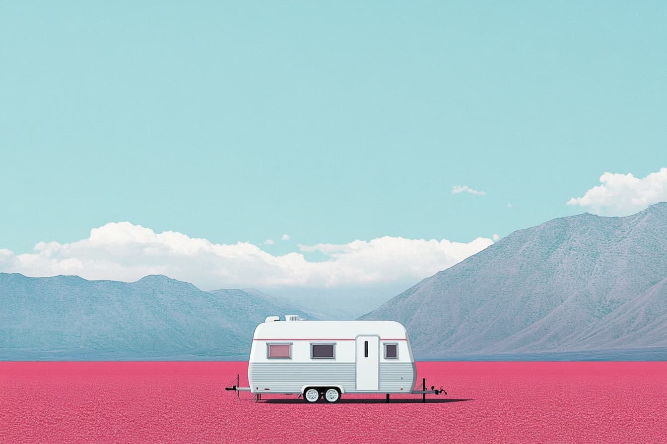 illustration of a trailer in the middle of a large field, with mountains in the background