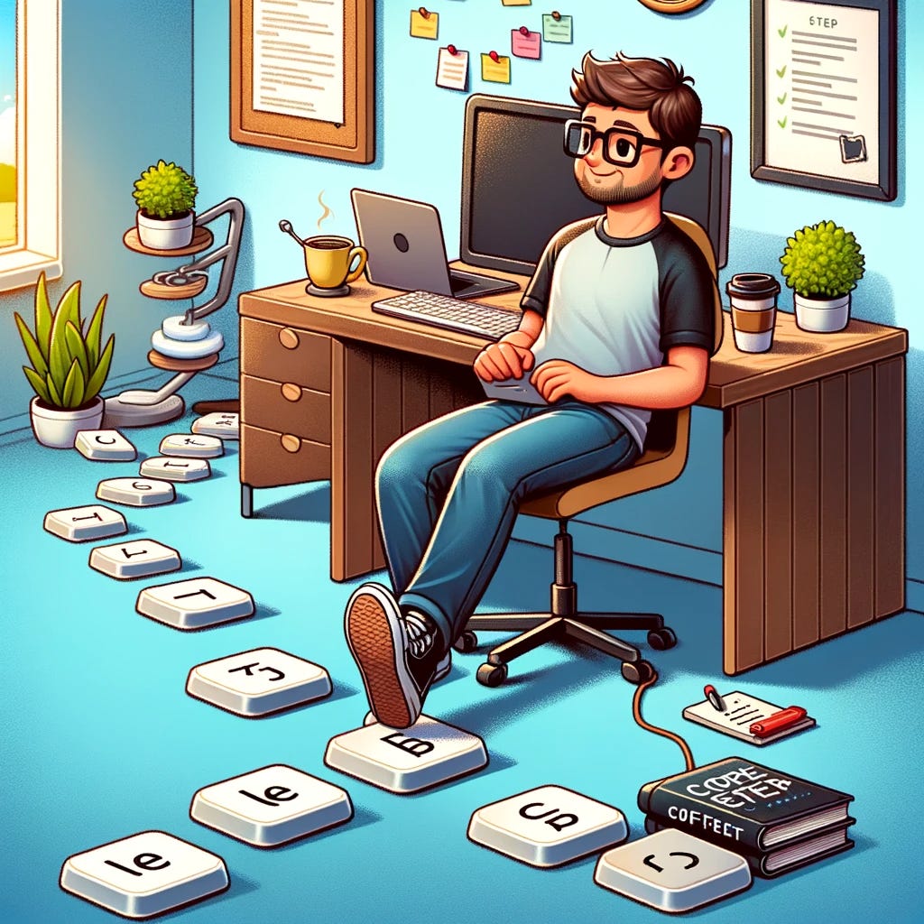 Whimsical illustration of a software engineer's productivity journey, featuring a Caucasian male in his 30s with brown hair and glasses, walking on a path of keyboard keys towards productivity milestones like a coffee cup, coding book, and checklist, in a cozy office with a sunny window view.
