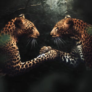 "Autistic Shibboleth." Digital illustration by the author, tools include AI. Two leopards with human-like facial features and expressions are facing each other, one's paw gently resting on the other's, in a manner resembling a handshake or a tender exchange. The background is a dimly lit, misty forest. This image metaphorically represents the theme of connection and mutual understanding within the neurodiverse community, as discussed in the podcast "Autism? It's a State of Being. NOT an Identity Group.