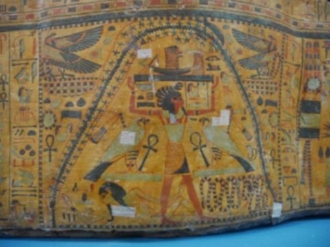 Colourful Egyptian illustration of the Egyptian goddess Nut and an undulating black curve thought to be a representation of the Milky Way
