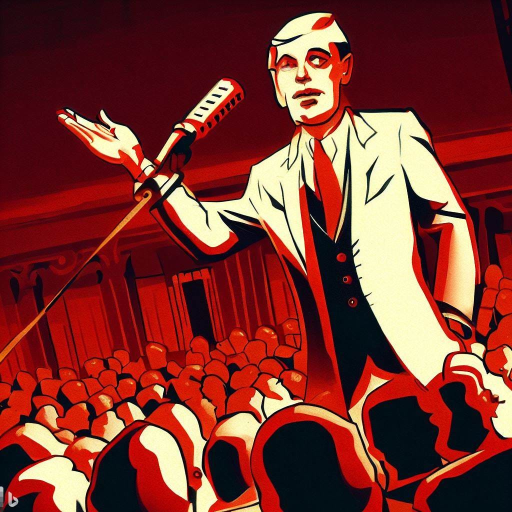 A populist politician on a town hall meeting, 1930s cartoon, art deco, red tones