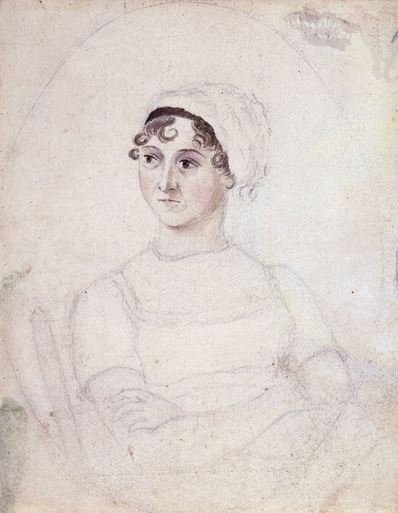 Watercolour-and-pencil portrait of Jane Austen