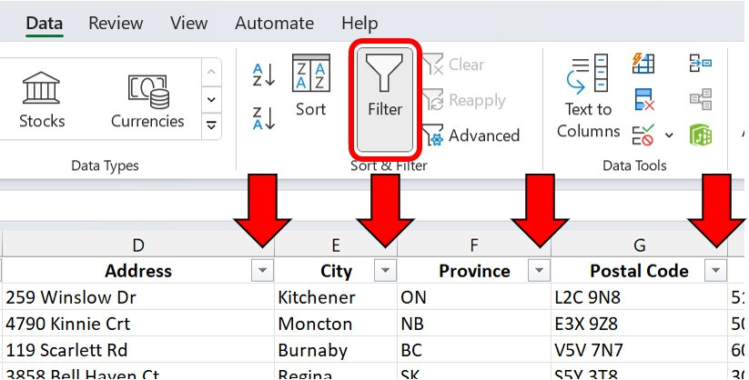 The Filter button in Excel