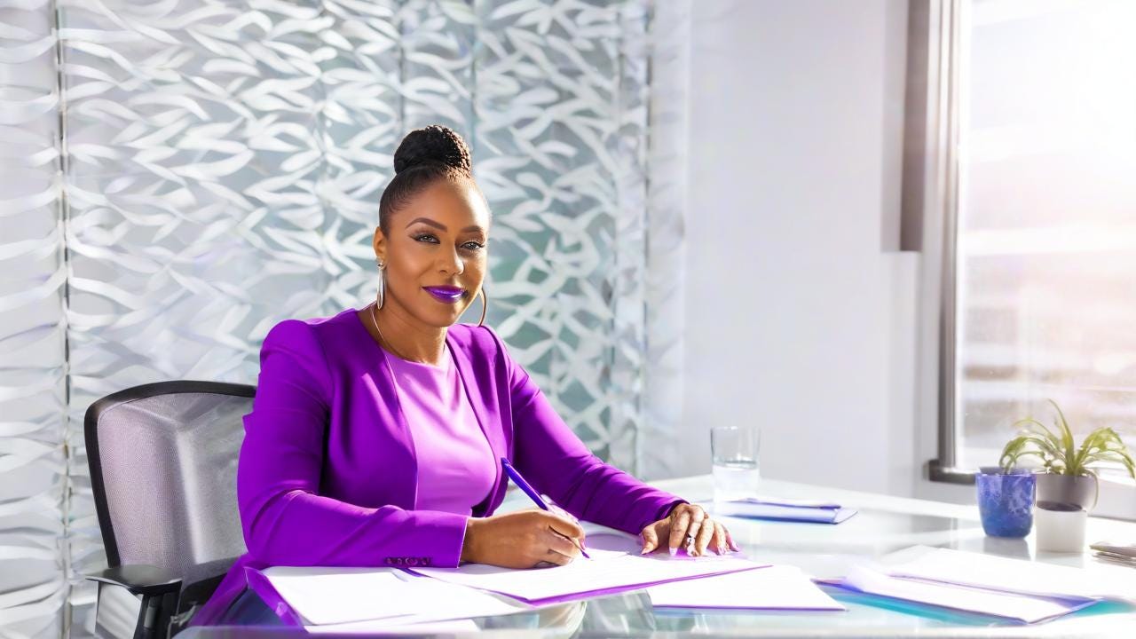 Black Woman with bright purple color wearing life Coaching sitting sitting in o different office with water on the table with writing a letter with the sun shining