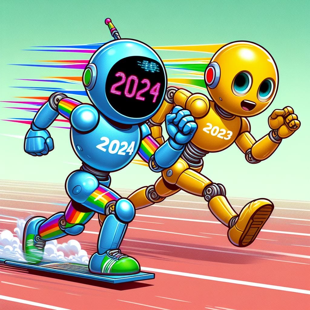 A colourful and fun image of an anthropomorphic 2024 robot beating an anthropomorphic 2023 robot in a 100m sprint race