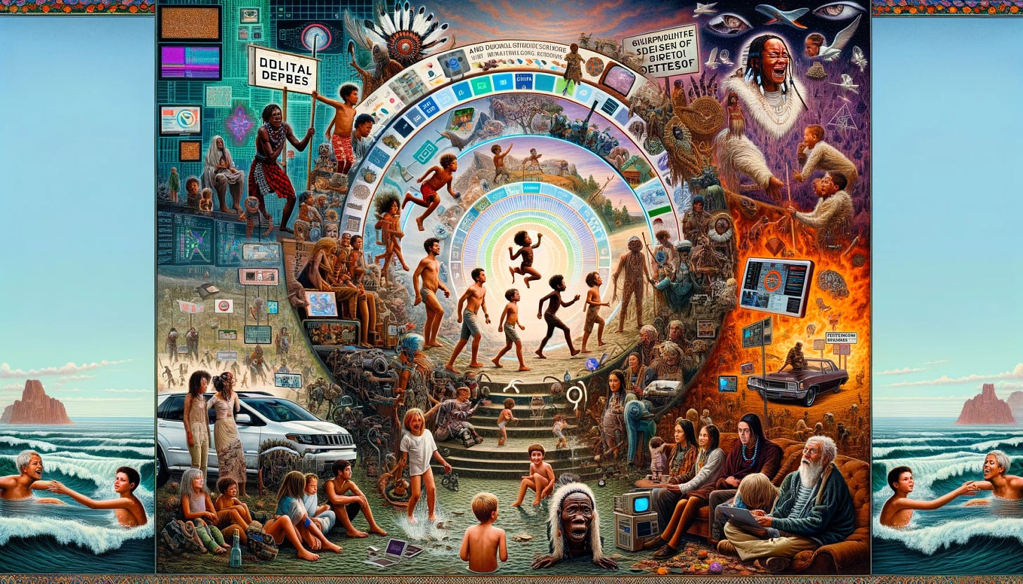 A multi-layered, intricate collage capturing the essence of modern life's complexities and stages. The central scene depicts various life stages, with children admiring adults who appear powerful yet distressed. Young adults chase conventional success symbols like houses, cars, and high-tech gadgets, transitioning from seeking freedom to desiring calm. Include cultural rites like the Maasai Coming of Age Ceremony and Native American vision quest, contrasted with Western materialism. Surround people in adolescence limbo with digital screens and algorithms, showing technology's impact on identity. Add scenes of people joining 'giving up' movements, reflecting societal disillusionment. The background features a tapestry of digital landscapes, memes, and ideological symbols, indicating the internet's role in forming digital tribes and perceptions. Show people in online communities, highlighting the lack of spiritual guidance in the secular world. The overarching theme emphasizes the struggle for identity, belonging, and irony in digital reliance for social cohesion. Add a humorous element with a character viewing 'dank memes' on a device, symbolizing self-awareness and introspection.