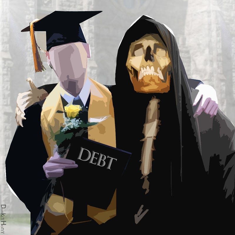 A digital cartoon of a faceless college grad in mortarboard and gown, holding a flower and a folder labeled 'DEBT,' sharing a loose embrace with a Grim Reaper figure.