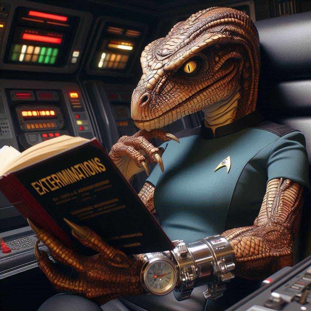  Reptilian Female Starfleet Officer  sitting in her spaceship, reading a book titled "Exterminations". She has a mechanical "commandirskie" watch at her wrist