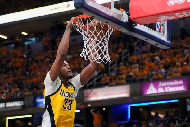 Myles Turner of the Indiana Pacers dunks the ball during the fourth quarter against the New York Knicks in Game Six of the Eastern Conference Second...