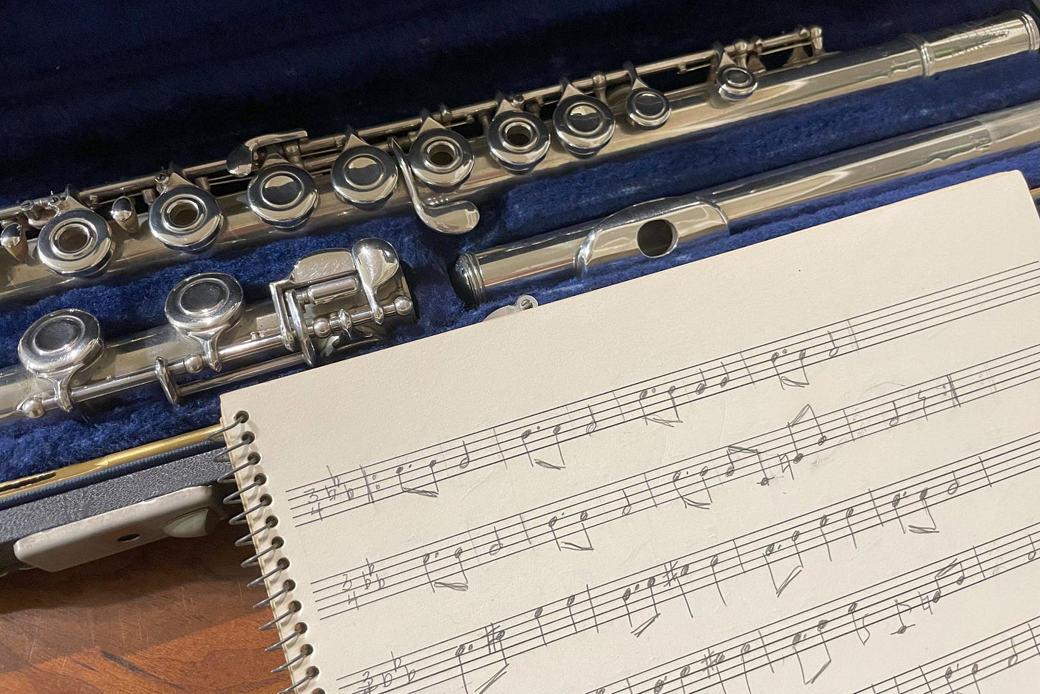 Hand-written music and silver flute in its open case