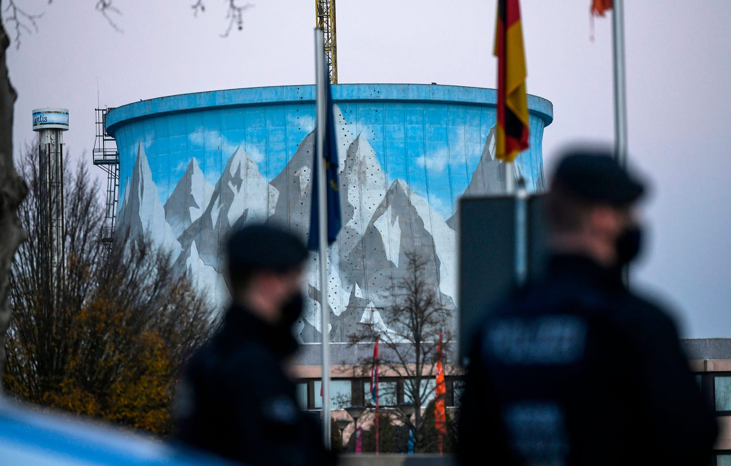 Police officers stand in front of a former nuclear power plant during an anti-AFD protest in November 2020. (Photo by Ina Fassbender / AFP via Getty Images.)