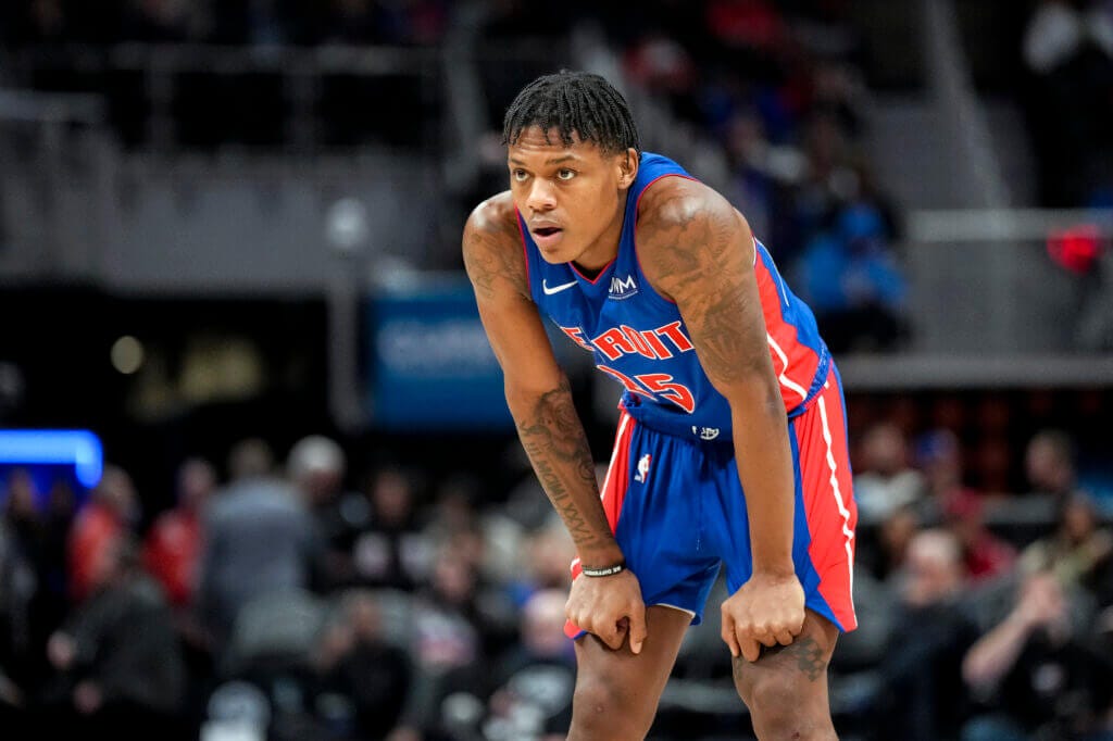 DETROIT, MICHIGAN - JANUARY 09: Marcus Sasser #25 of the Detroit Pistons looks on against the Sacramento Kings at Little Caesars Arena on January 09, 2024 in Detroit, Michigan. NOTE TO USER: User expressly acknowledges and agrees that, by downloading and or using this photograph, User is consenting to the terms and conditions of the Getty Images License Agreement. (Photo by Nic Antaya/Getty Images)