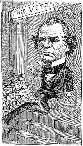 ANDREW JOHNSON CARTOON American cartoon by Thomas Nast, 1866, showing President Andrew Johnson kicking black office holders out of the Freedman's Bureau.