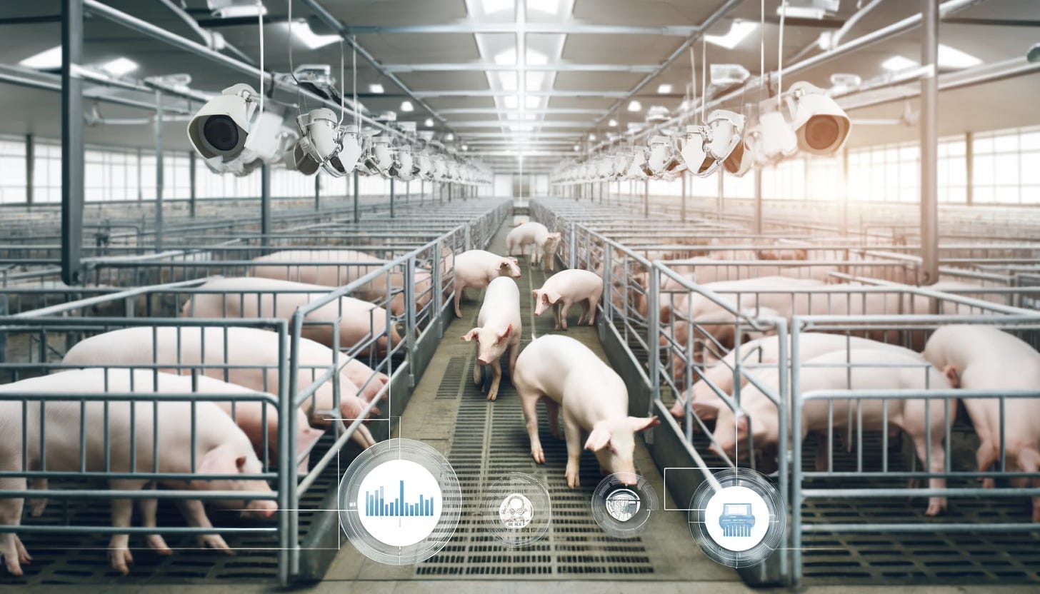 A clean and controlled pig farm environment with visible cameras and sensors monitoring the pigs. The image shows pigs in a spacious and well-maintained area with technology evident in the surroundings.