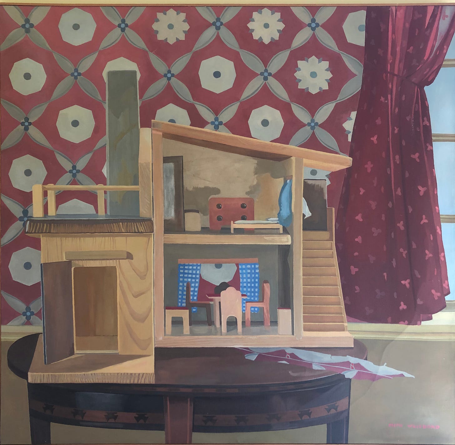 A painting of a dollhouse with an door open to an empty room and two other rooms, a bedroom and dining room. It rests on a table with a scrap of wallpaper the same pattern as the wall behind it.