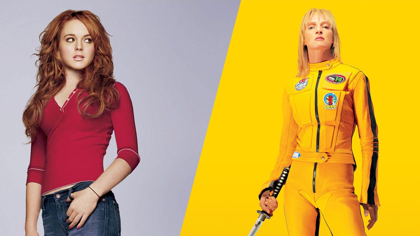 Split image with a woman with red hair wearing a red top and blue jeans starting to the right on one side and a woman with short blonde hair wearing a yellow jumpsuit and holding a sword on the other