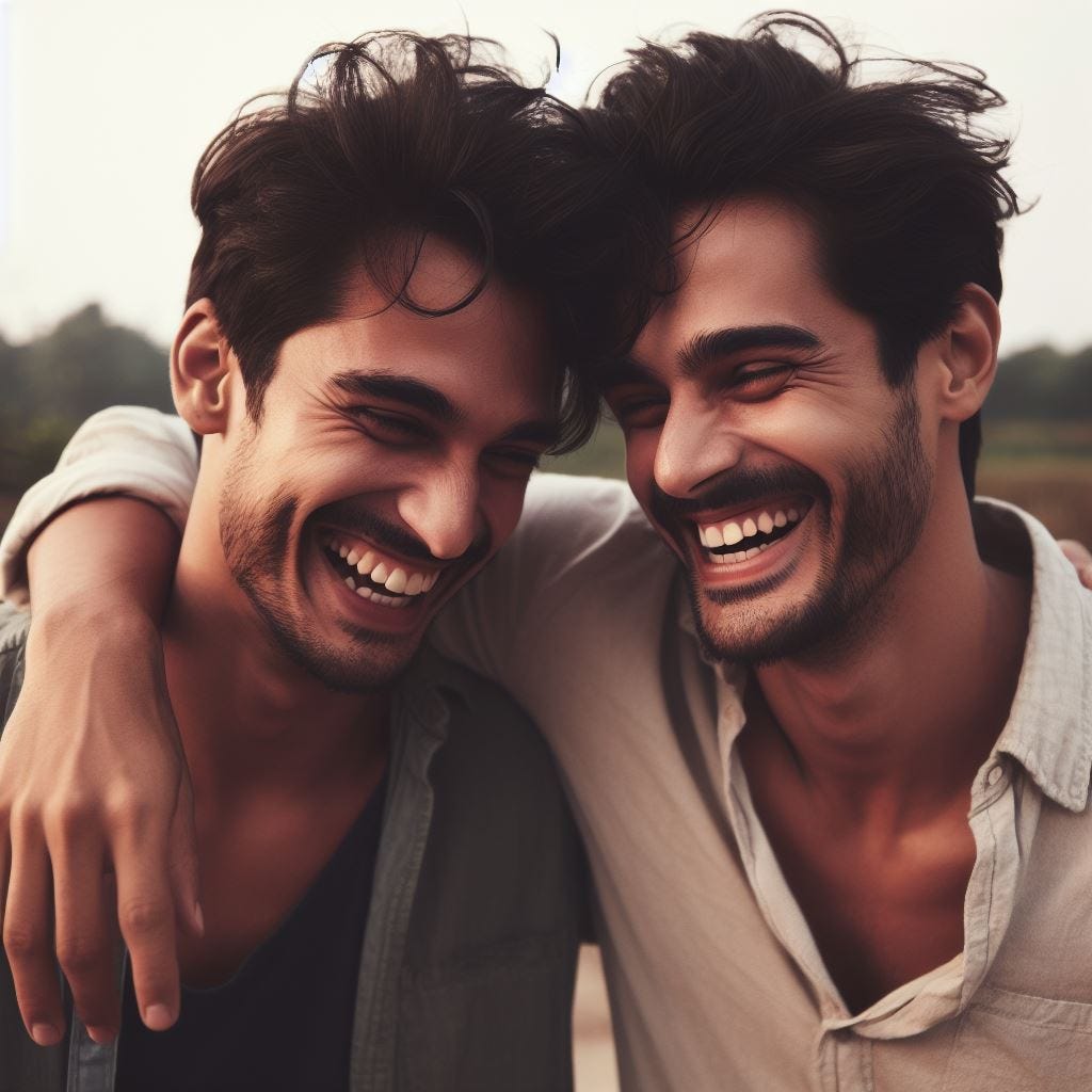 two men laughing, close friends, candid photograph
