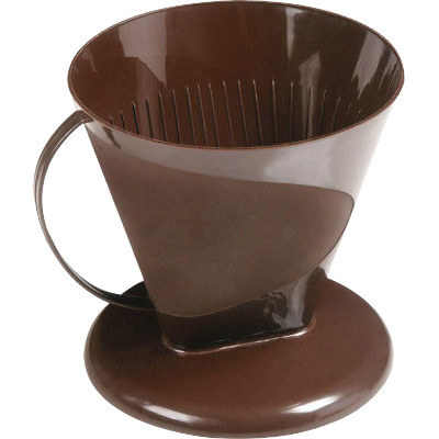 Suporte para filtro de papel para coar café na cor marrom. O suporte é de plástico e contém uma alça, uma base redonda chata e um bocal redondo afunilado.