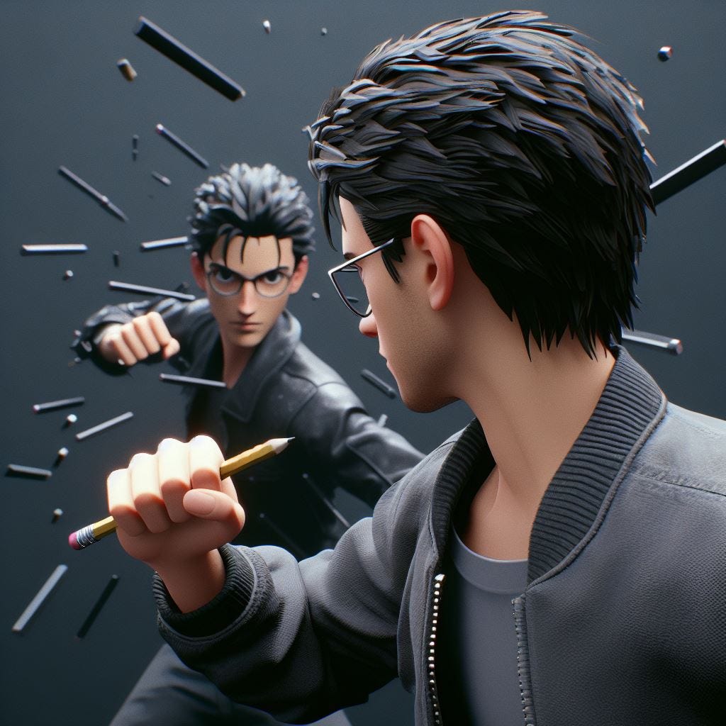 "PSX screenshot showing a fight. The focus is on a young italian human man with dark hair wearing rectangular glasses and a dark grey jacket with a grey t-shirt underneath. Facing him is a dark version of himself, his face indistinct. Both are wielding pencils, their "weapons" clashing. Around them, low-poly chains emerge. Wide action shot. Early 1990 PSX 3D style."