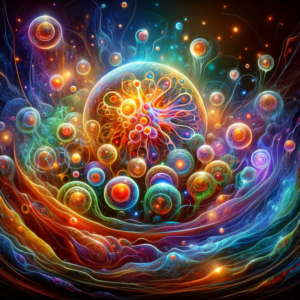 An abstract, futuristic depiction of oocytes (human egg cells) undergoing an age reversal process. Imagine a scene filled with vibrant, glowing colors, representing the vitality and rejuvenation of the cells. The cells themselves are at the center, depicted with intricate, luminous patterns symbolizing the complex biological mechanisms at work. Around the cells, abstract shapes and forms swirl in a dynamic, flowing motion, suggesting the transformative energy of the process. The background is a deep, mysterious space, hinting at the boundless possibilities of regenerative medicine. This scene is both a celebration of life's potential for renewal and a nod to the cutting-edge science that might one day make such miracles a reality.