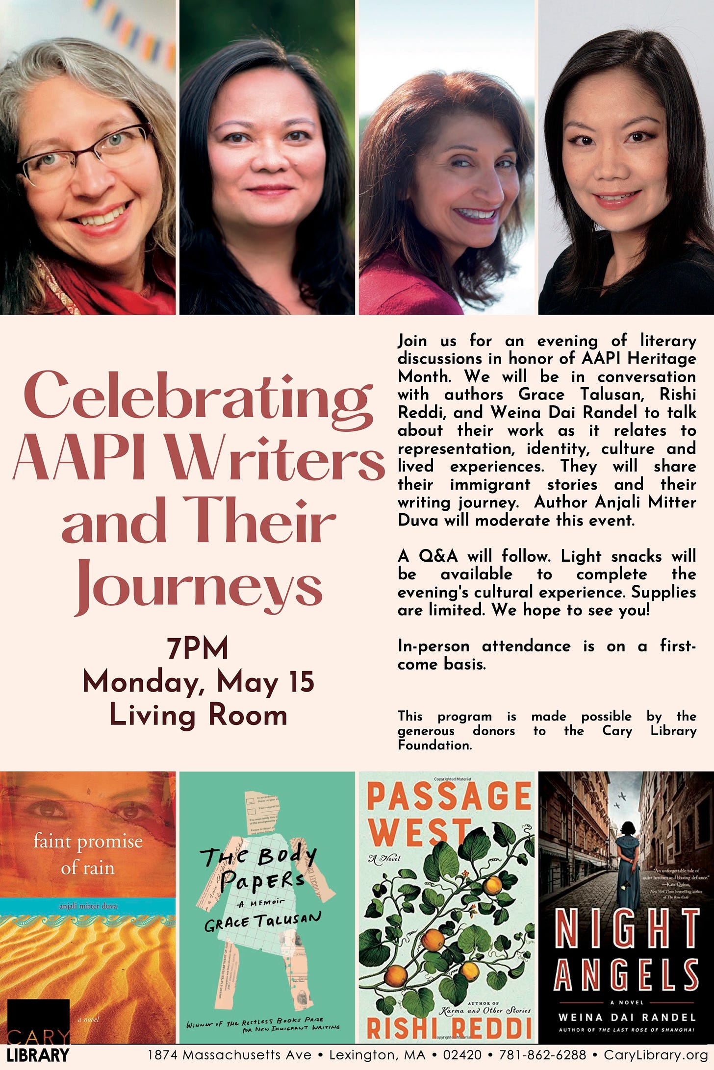 Poster featuring headshots of four female AAPI writers and text about the May 15 event at Cary Memorial Library.