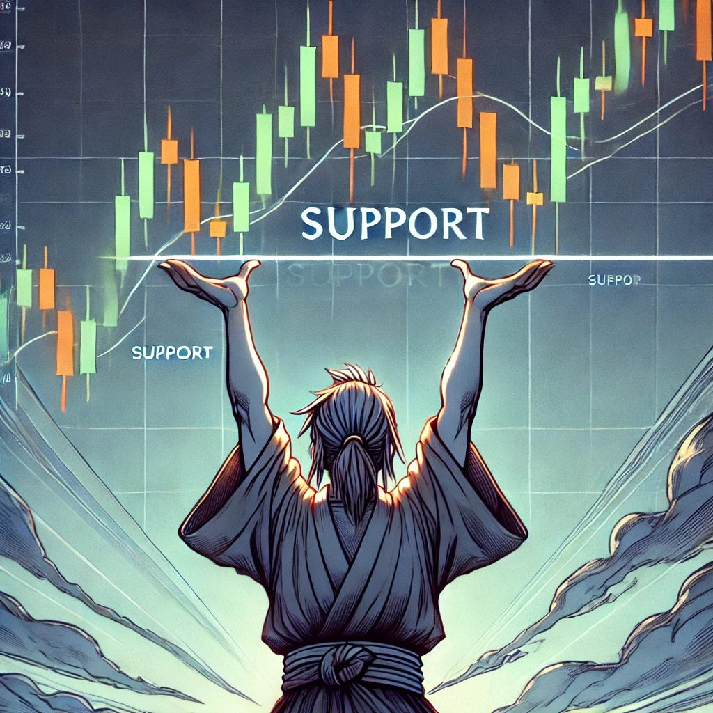 An artistic illustration of the technical analysis concept 'Support' represented visually. In the image, an anime-style character is lifting a financial chart from below, symbolizing the support level. The character is holding up the chart, which shows price action above his hands, as if supporting the price from falling further. The chart includes candlestick patterns, with the support line clearly visible where the character is holding it. The scene has a dramatic feel, emphasizing the strength and stability of the support concept in trading, with a focus on financial and market themes.