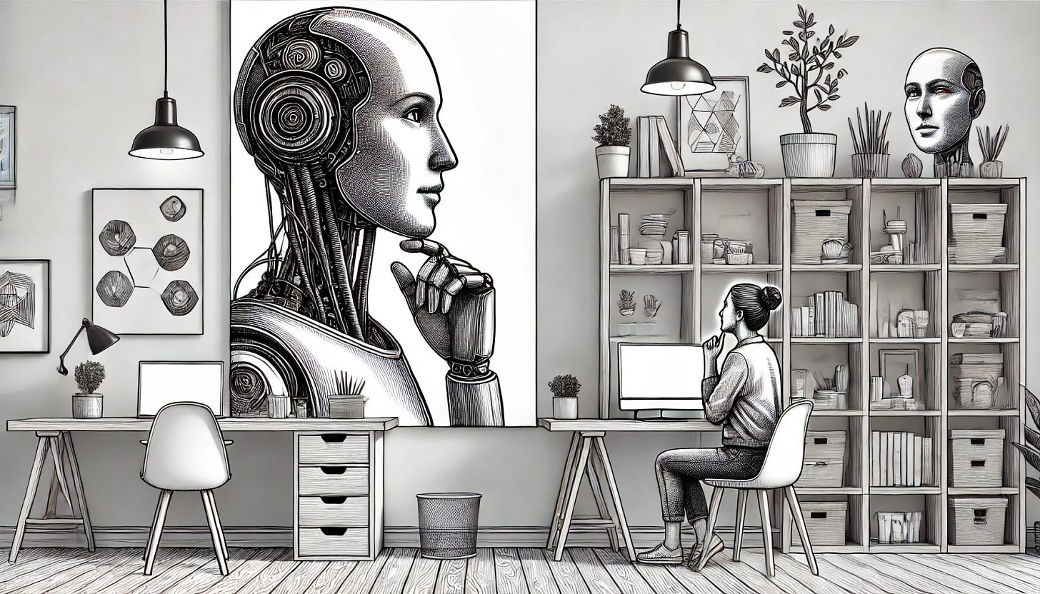 A wide pen and ink drawing of a sage-like robot having a conversation with a thoughtful person in a creative, well-organized office with a visible laptop.