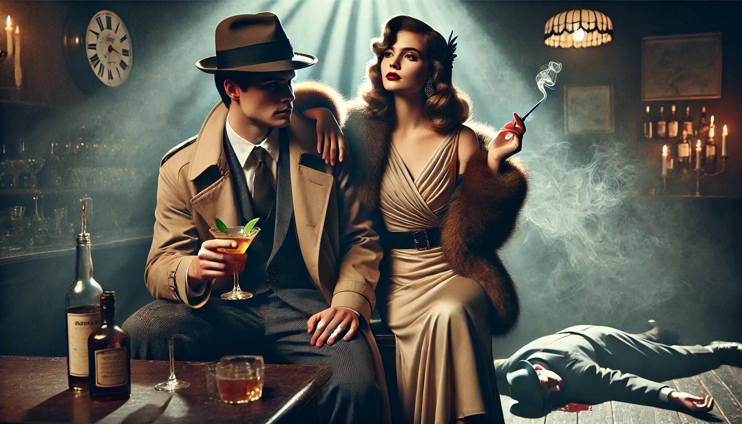 A film noir scene inspired by classic movies like 'The Thin Man' or 'Casablanca.' A beautiful woman dressed in an elegant 1940s-style gown with wavy hair and a fur stole sits beside a detective wearing a fedora and a trench coat. Both of them hold cocktail glasses, exuding charm and indifference, as they exchange cool, knowing glances. In the background, faintly lit and slightly out of focus, a murder scene unfolds—a lifeless body sprawled on the floor with a knife nearby, ignored by the duo. The ambiance is moody and atmospheric, with smoky air, dim lighting, and shadows casting intricate patterns on the walls. A vintage bar counter is visible, enhancing the nostalgic, noir vibe.