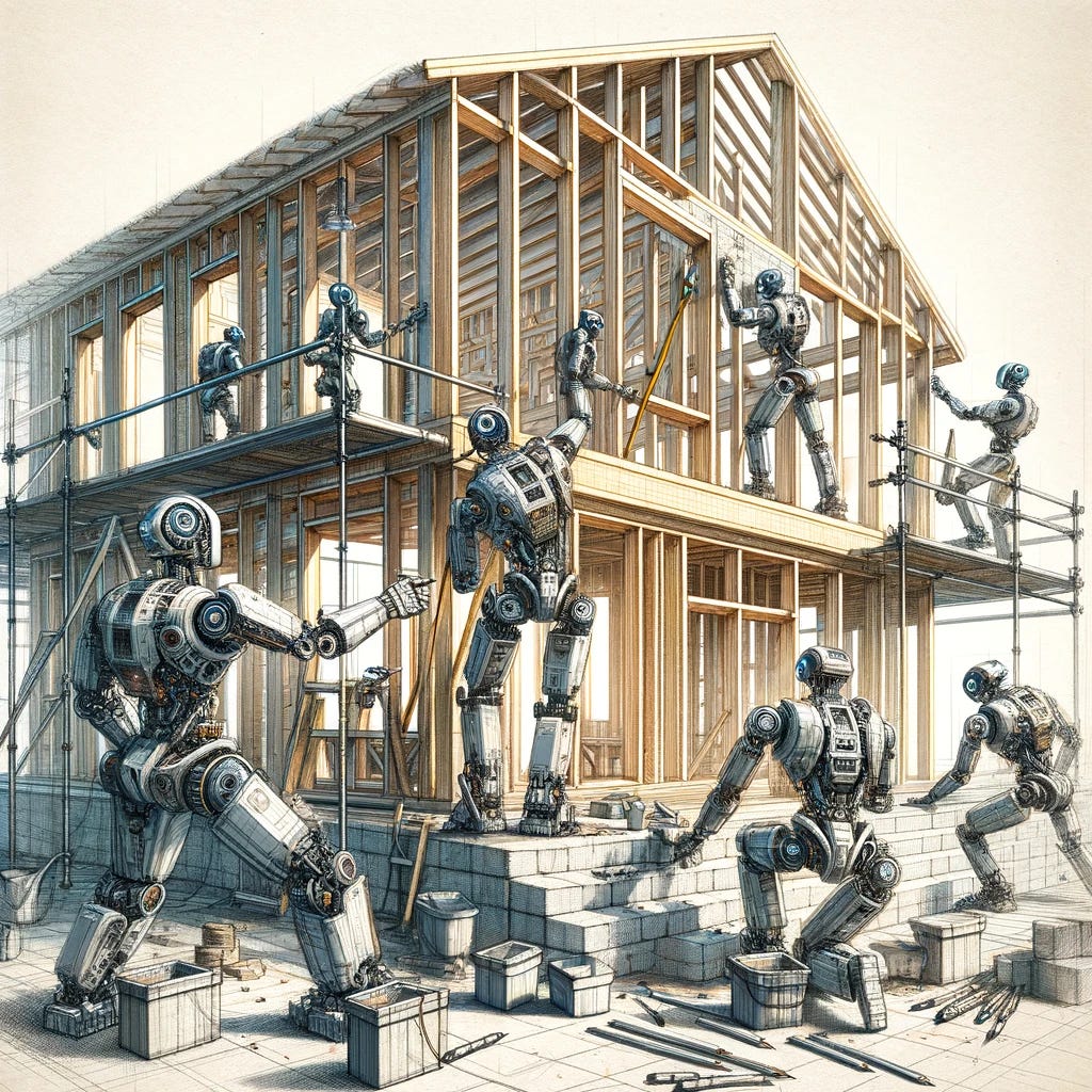 Create a highly detailed and realistic sketch showing a team of robots working together on a construction site. The robots, each with a unique design showcasing advanced technology and mechanical precision, are involved in various construction tasks without any human tools like pencils visible in the scene. One robot is expertly laying bricks with precision, another is applying paint to the exterior of a partially built house, and a third is carefully installing a window frame. The construction site is organized, with a clear focus on the wooden frame of the house and the scaffolding that supports the structure. Ensure that the robots are depicted at ground level or on scaffolding, avoiding any scenarios that would compromise the realism, such as robots on the roof. The background is minimal, emphasizing the construction activity and the collaboration between robots in creating a new house. The scene captures the essence of futuristic construction technology, where robots work in harmony to build human dwellings.