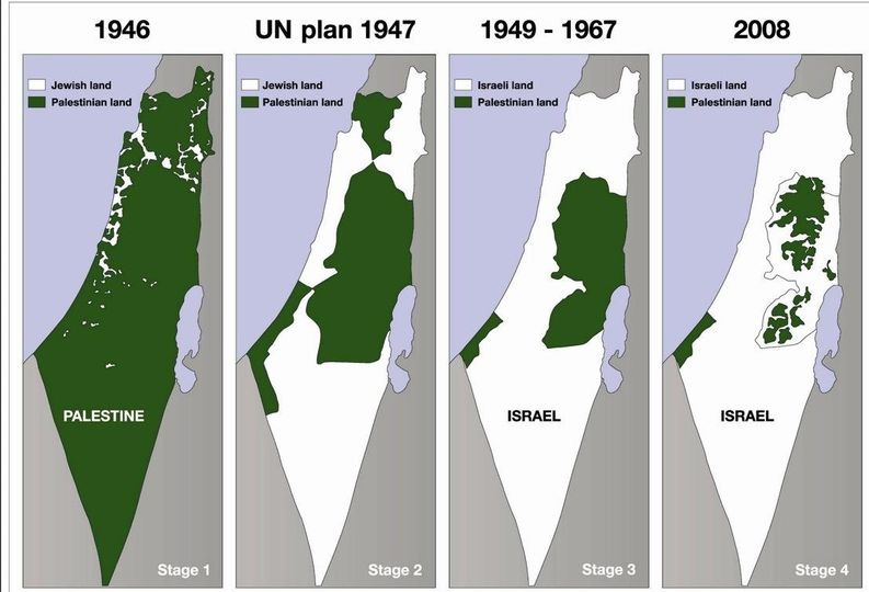May be a graphic of map and text that says '1946 UN plan 1947 Jewish land Palestinian land 1949 1967 Jewish land Palestinian land 2008 Israeli land Palestinian land Israeli land Palestinian land PALESTINE ISRAEL ISRAEL Stage Stage 2 Stage 3 Stage 4'