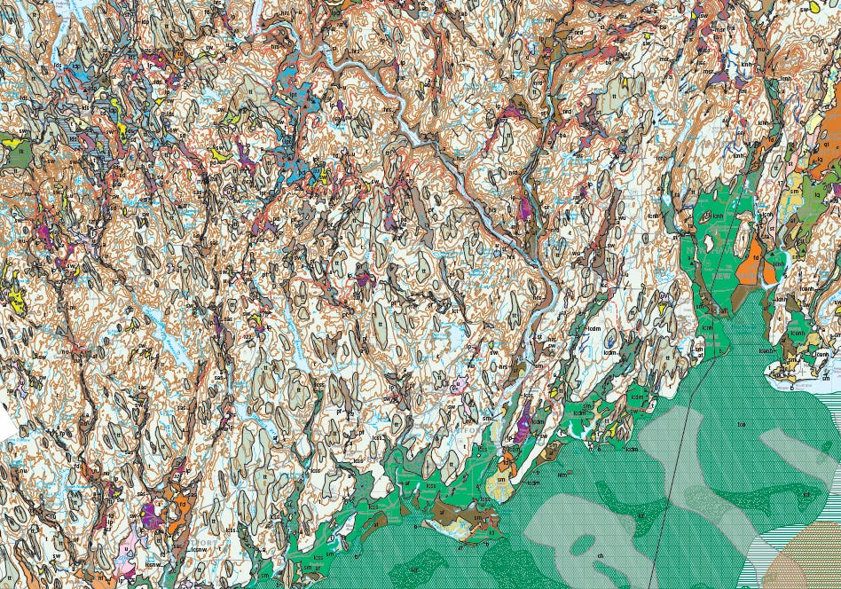Close-up map of Connecticut with colored blobs for different kinds of rocks that looks like someone spilled a full meal on the floor.