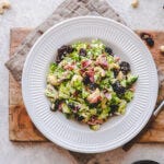 bowl filled with a nutritious and sugar free, low carb broccoli salad