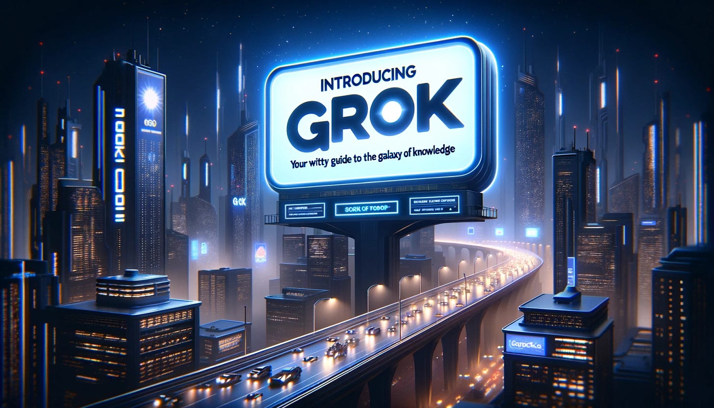 Design an editorial image featuring a futuristic cityscape at night with a large, clear billboard that reads 'Introducing Grok!'. The billboard should be illuminated, standing out against the city lights. Below the main text, in smaller but still legible font, include 'Your Witty Guide to the Galaxy of Knowledge'. The city should have a modern, high-tech vibe, with sleek buildings, flying cars, and subtle hints of advanced technology like holograms or light streams to reflect the advanced nature of the AI. The setting should evoke a sense of excitement and novelty, symbolizing the cutting-edge aspect of Grok in a world that's eager to embrace new AI technology.