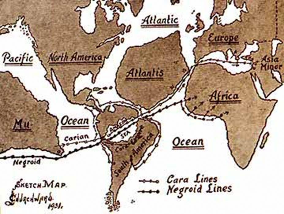 Churchward's map showing how he thought Mu refugees spread out after the cataclysm through South America, along the shores of Atlantis, and into Africa (Public Domain)