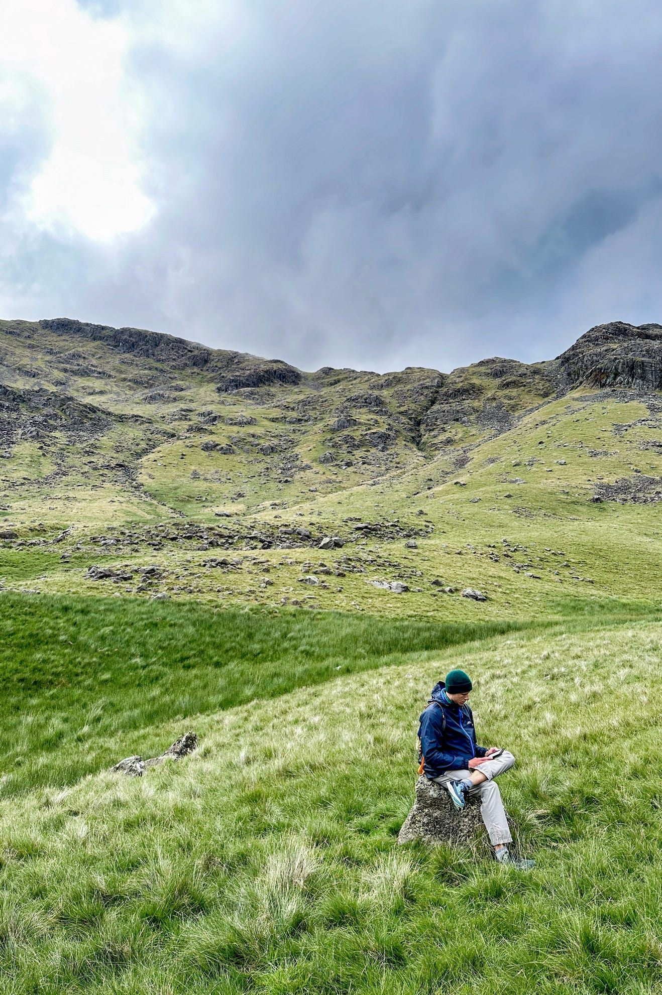 A person sitting on a rock in a grassy area

Description automatically generated