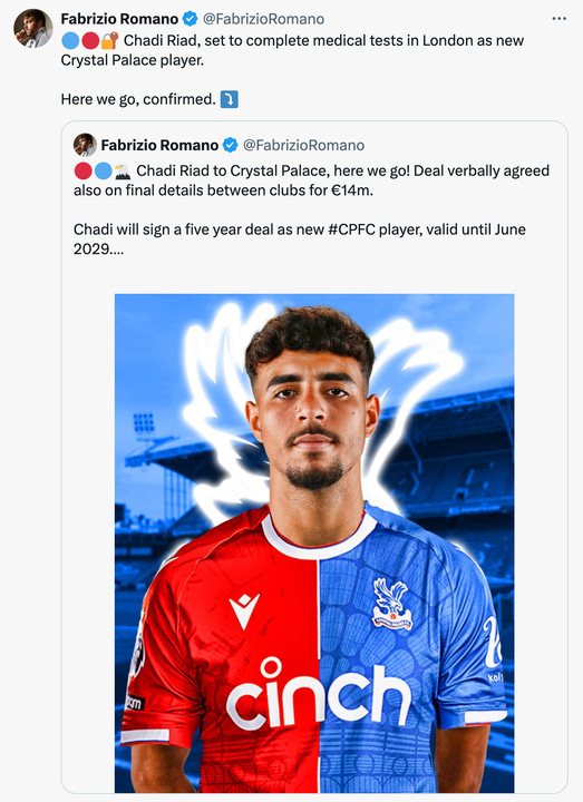 A tweet from Fabrizio Romano confirming Chadi Riad's move to Crystal Palace.