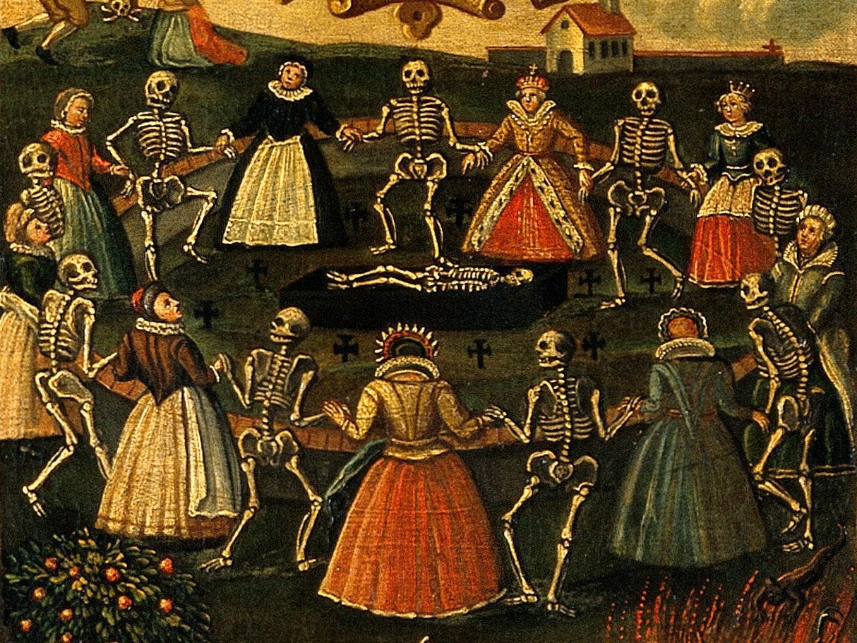 A colored medieval painting of skeletons and medieval women dancing in a circle around a grave
