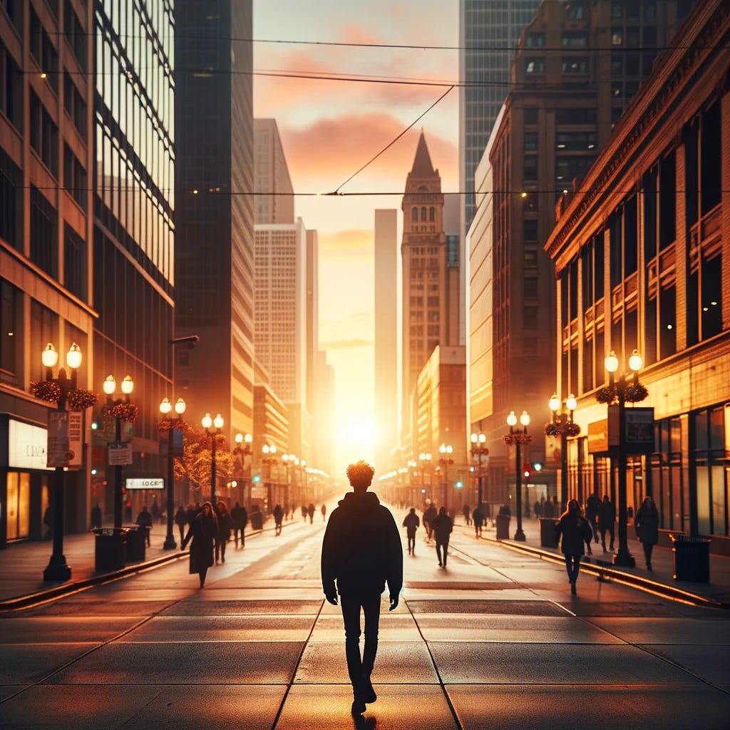 A person is walking on a busy downtown street full of people, heading towards a beautiful sunrise. The street is lined with tall buildings on both sides, and the ground is bustling with people going about their morning routines. Streetlights and storefronts add a soft glow to the scene, contrasting with the bright, warm colors of the sunrise in the distance. The person is in the foreground, walking confidently towards the horizon, their silhouette illuminated by the rising sun. The scene captures the essence of early morning in a city, with a sense of renewal and hope as the day begins.