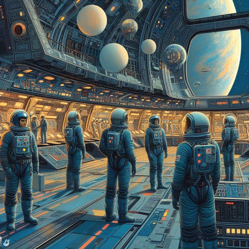 astronauts in space suits and helmets in a spaceship docking bay, 60s sci-fi art