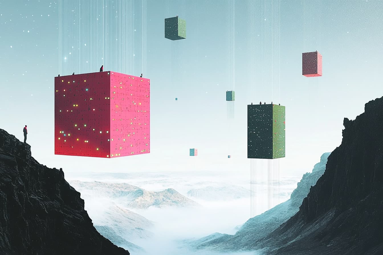 a landscape of mountains. Cubes are floating in the air with people on top of the cubes