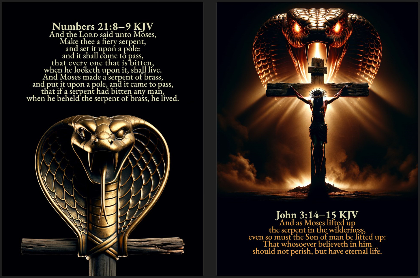 Split image showcasing two symbolic Biblical depictions: on the left, a brass cobra mounted on a wooden crossbar representing the serpent lifted by Moses, accompanied by Numbers 21:8–9 KJV. On the right, a silhouette of Jesus Christ crucified on a wooden cross, overshadowed by a glowing, menacing cobra, symbolizing the fulfillment of John 3:14–15 KJV.