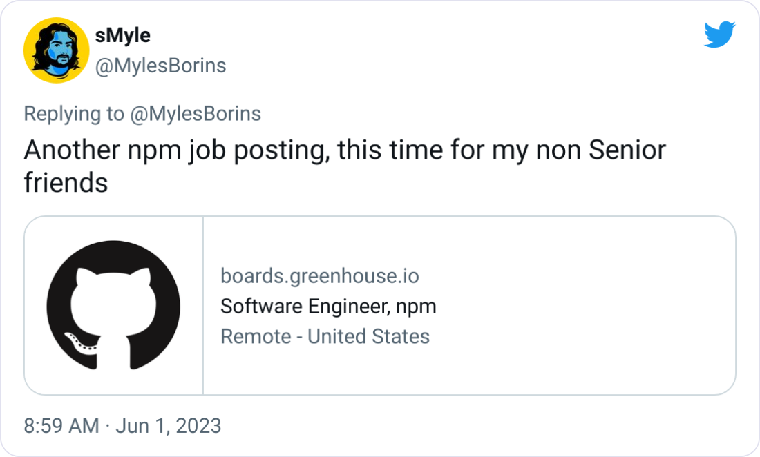  sMyle @MylesBorins Another npm job posting, this time for my non Senior friends