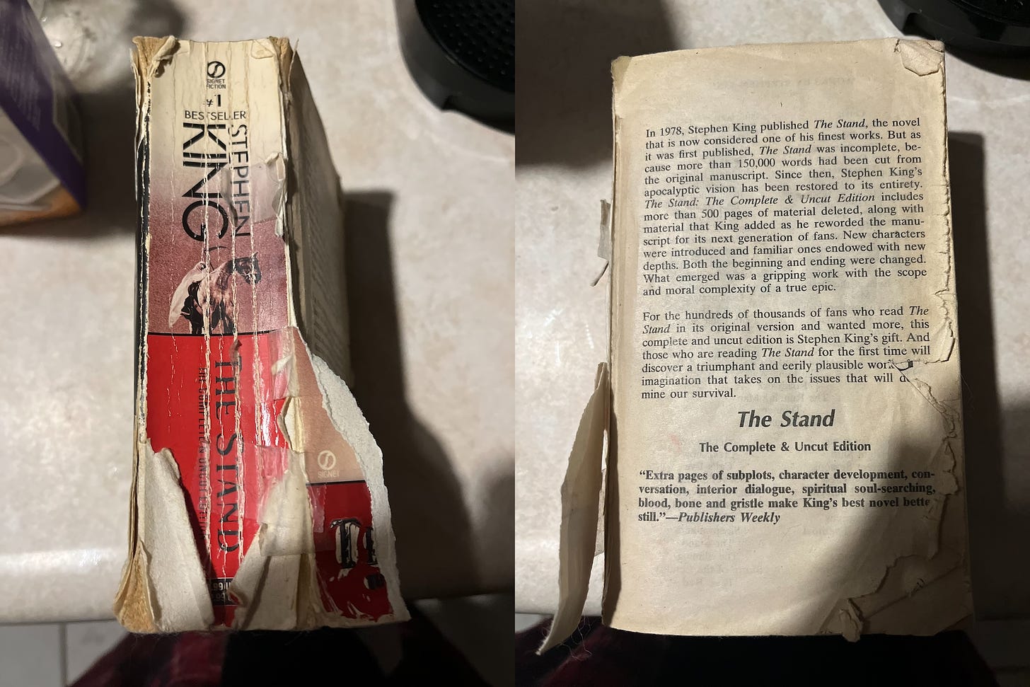 My younger sister's copy of The Stand. She's had this book for nearly 20 years, and has probably read it at least as many times.